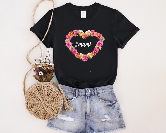 Cute Black Tee for Women with Hashtag Mami Heart Rosettes Design
