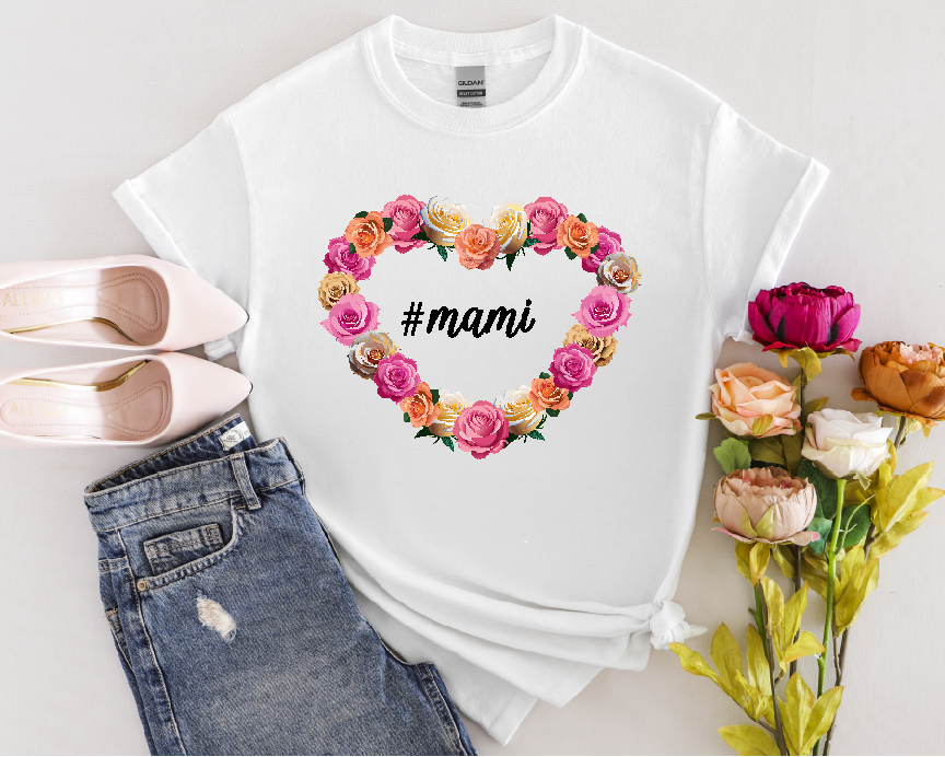 Cute White Tee for Women with Hashtag Mami Heart Rosettes Design