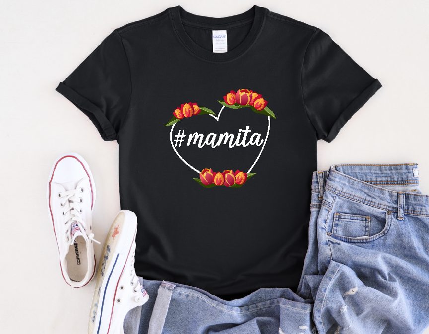 Cute Black Tee for Women with Hashtag Mamita Heart Design