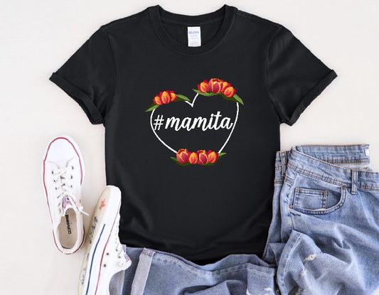 Cute Black Tee for Women with Hashtag Mamita Heart Design
