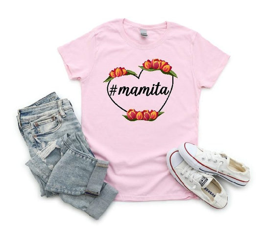 Cute Pink Tee for Women with Hashtag Mamita Heart