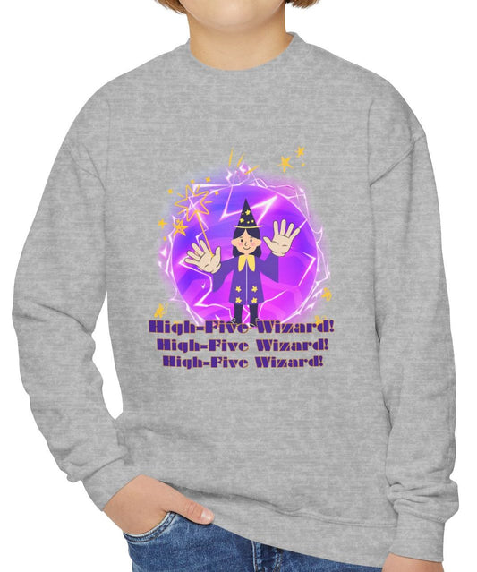 Cozy Youth Crewneck Sweatshirt Featuring High-Five Wizard