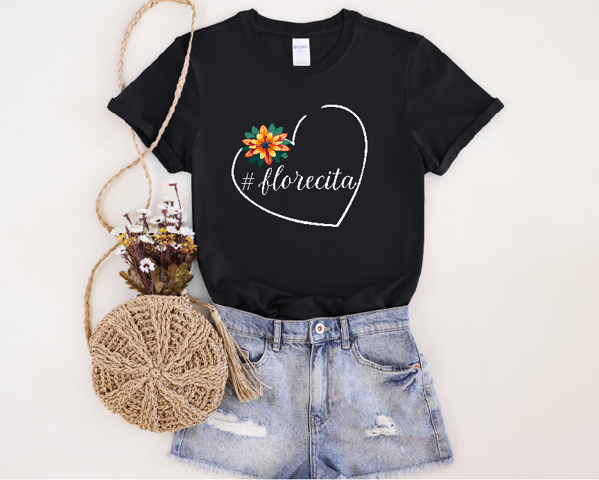 Cute Black Tee for Women with Orange Dahlia & Hashtag Florecita Heart