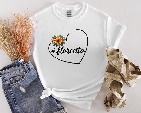 Cute White Tee for Women with Orange Dahlia & Hashtag Florecita Heart