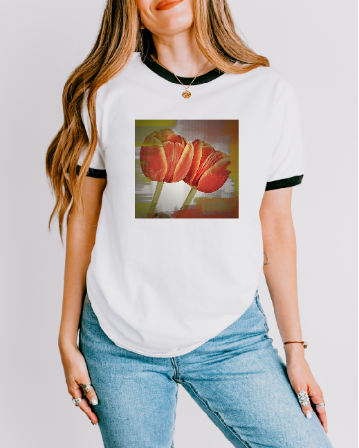 Vintage Style Comfy White T-Shirt with Orange Tulips
