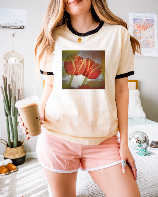 Vintage Style Comfy Cream T-Shirt with Orange Tulips