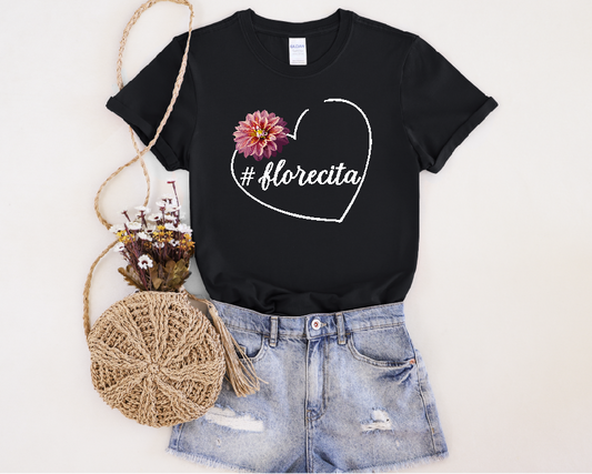 Cute Black Tee for Women with Pink Dahlia & Hashtag Florecita Heart