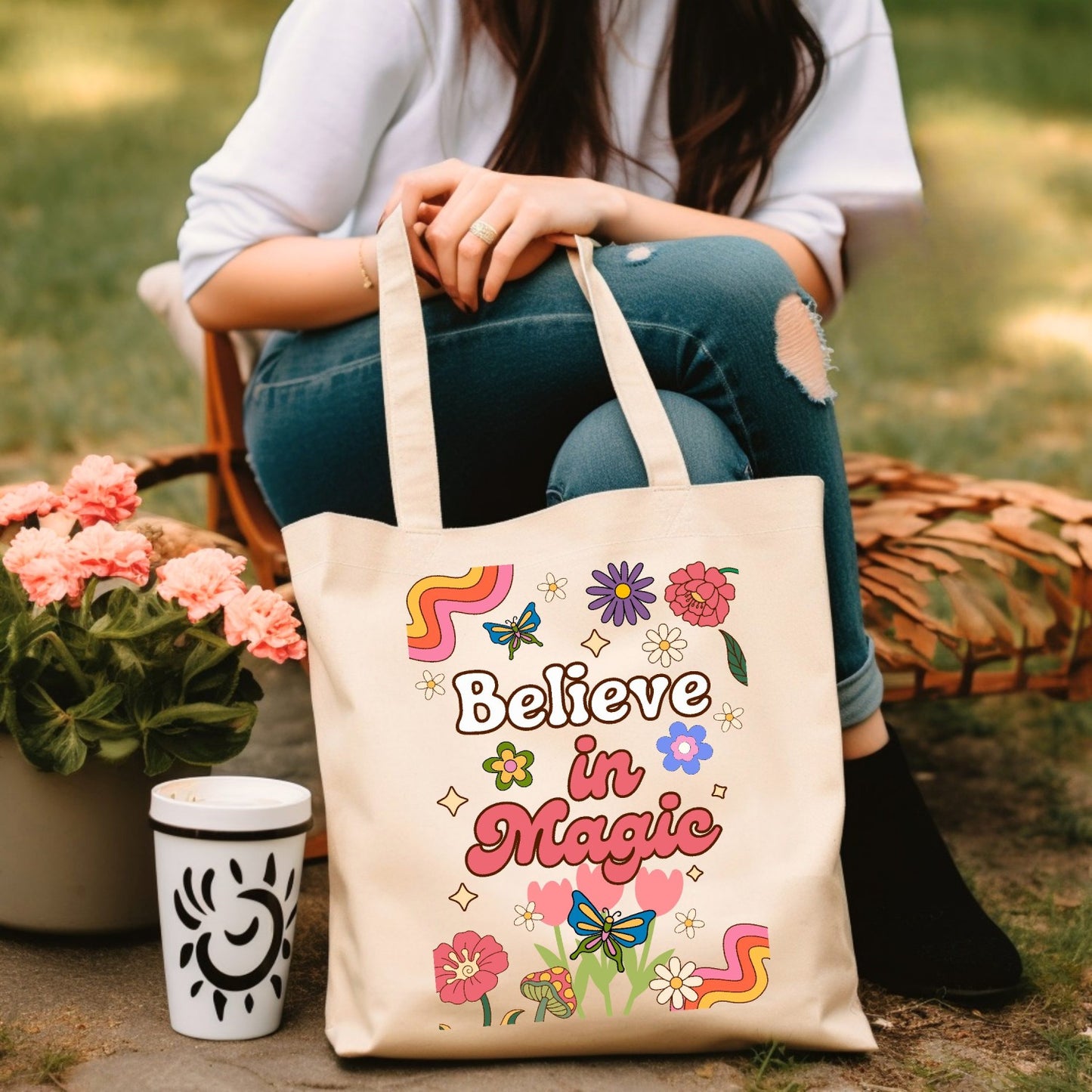 Retro Style Floral Tote Bag with Inspirational Phrase