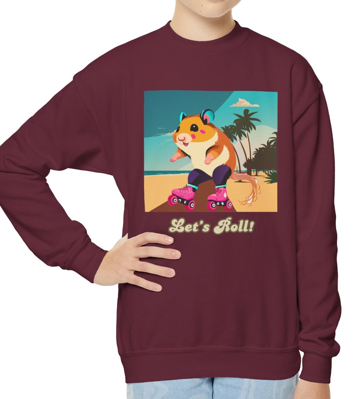 Cozy Youth Crewneck Sweatshirt Featuring Roller Skating Hammy