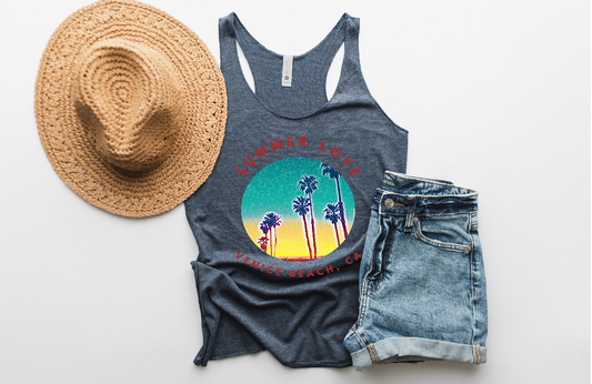 Vintage Style Summer Racerback Tank with Beach Scene