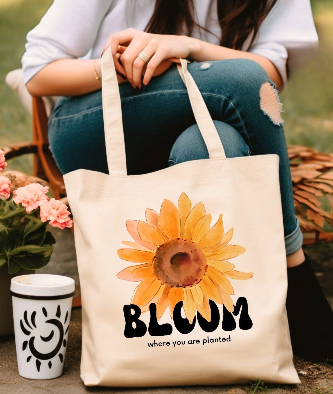 Retro Style Floral Tote Bag Featuring Vibrant Sunflower
