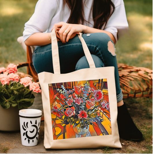 Vintage Floral Tote Bag | Retro Roses in Mason Jar Design | Organic Cotton Canvas