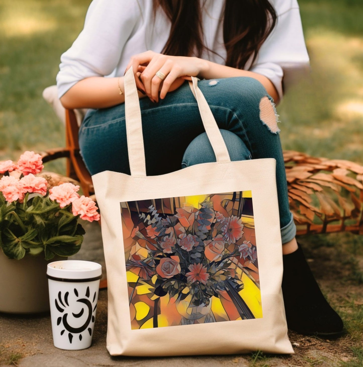 Vintage Floral Tote Bag | Retro Roses in Mason Jar Design | Organic Cotton Canvas