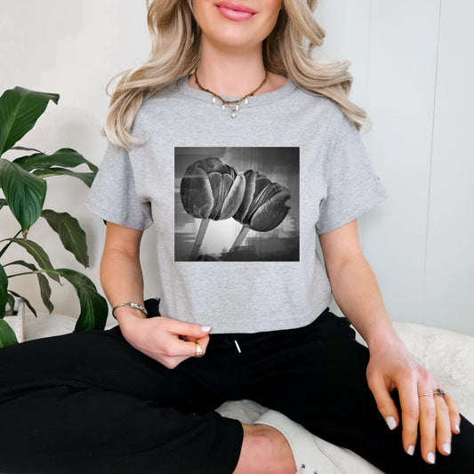 Champion Branded Vintage Style Grey Cropped Top with Monochrome Tulips