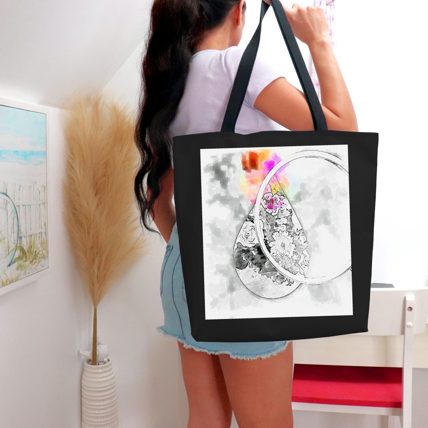 Elegant Tote with Floral Raindrops - Watercolor Style