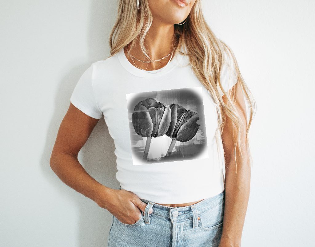 Vintage Style White Crop Top with Monochrome Tulips