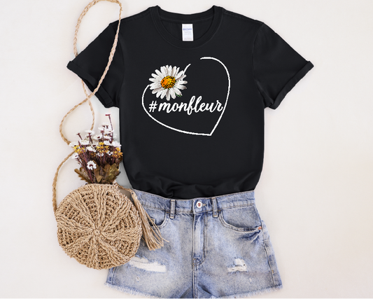 Cute Black Tee for Women with Daisy and French Hashtag Design