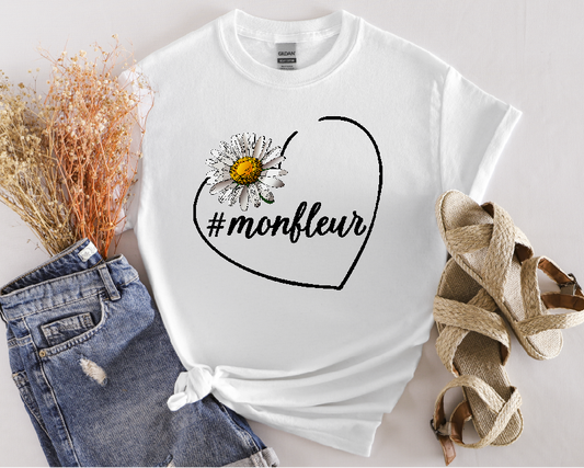 Cute White Tee for Women with Daisy and French Hashtag Design