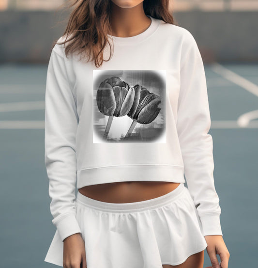 Vintage Style White Cropped Fleece Sweatshirt with Monochrome Tulips